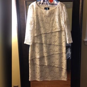 Off white layered lace and gold sequin dress
